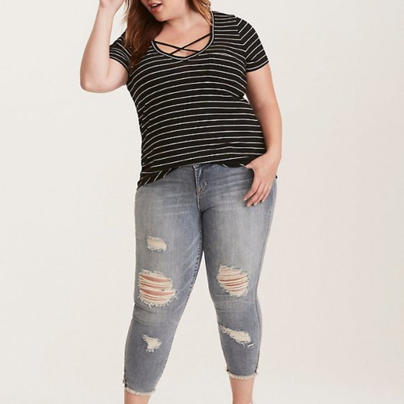 torrid Tops - Torrid Sriped Strappy Plus Size V Neck Tee